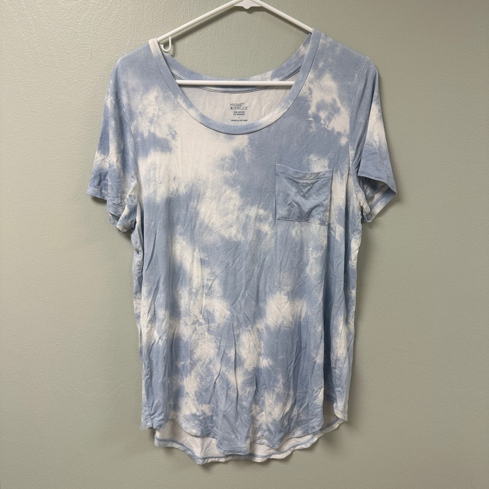 Market & Spruce‎ Womens Large Blue White Tie Dye Short Sleeve Pocket T-Shirt L